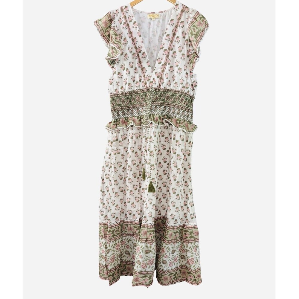 Rebellion Again Floral Smocked Tassel V Neck Tie Tiered Midi Dress Size Large - Picture 2 of 6